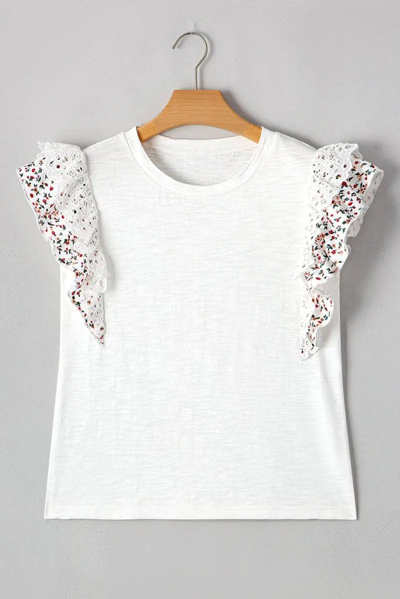 White Floral Lace Eyelet Patched Butterfly Sleeve Blouse - Love Salve